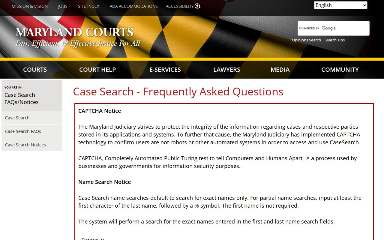 Landover public records Case Search help screen