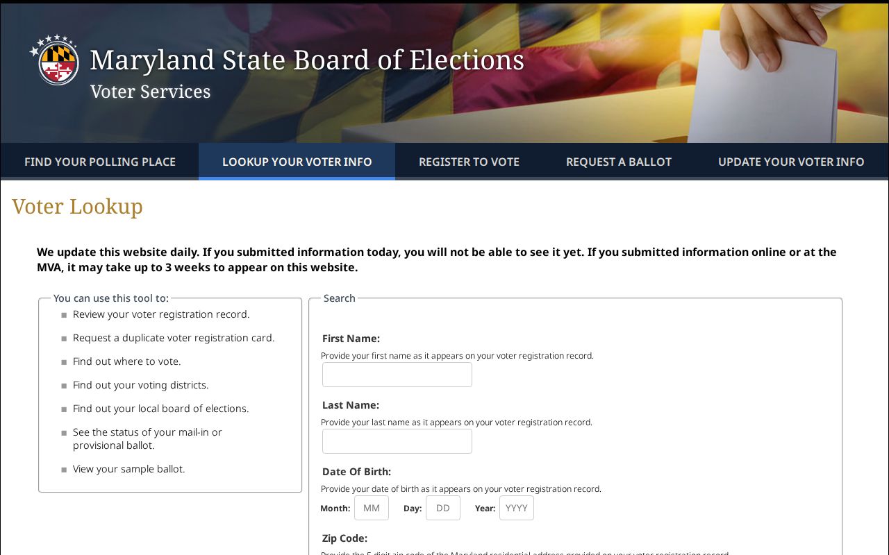 Landover voter registration lookup on Maryland's official voter service